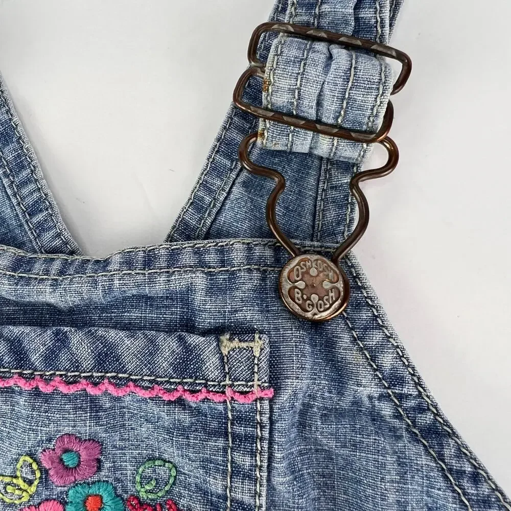 Vintage Oshkosh B'gosh Girls 12 Months Overall Embroidered Floral Denim Dress